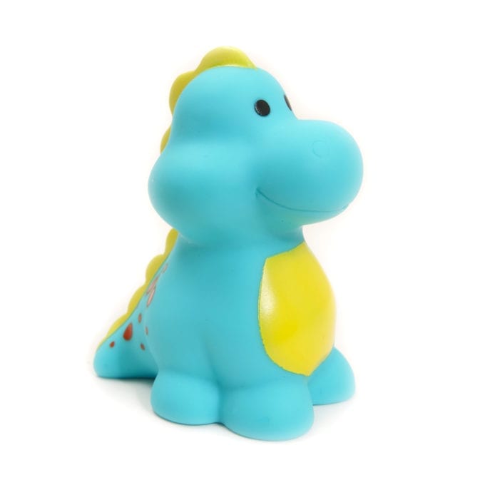 blue and yellow dinosaur bath toy squirty water