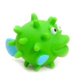 green and blue puffer fish bath toy squirty water