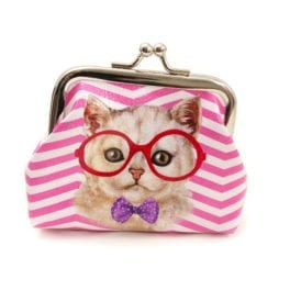Coin Purse with Studious Cat Wearing Red Glasses and Purple Bowtie on Pink and White Stripes